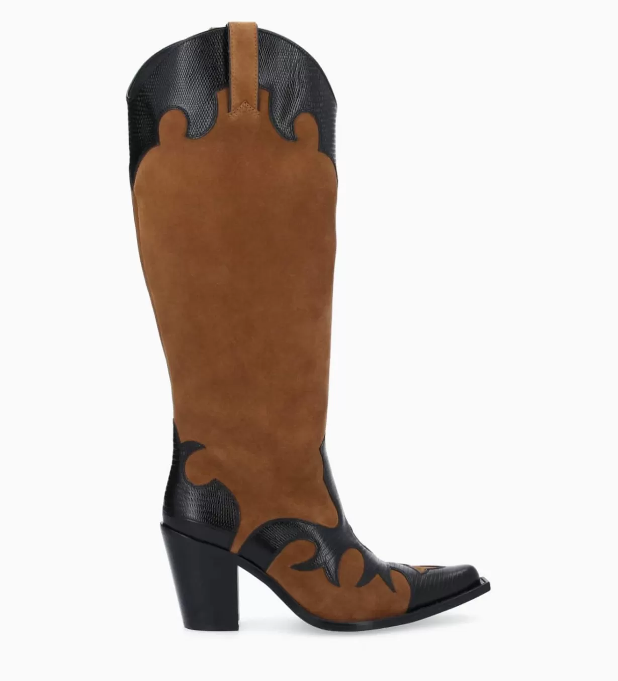FREE LANCE Paris Botte western brodée à talon - Terry 80 - Cuir velours/Cuir imprimé lézard -* Bottes | Bottes